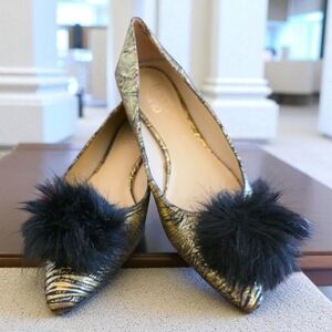 Franco Sarto Gold and Black Feathered Flats